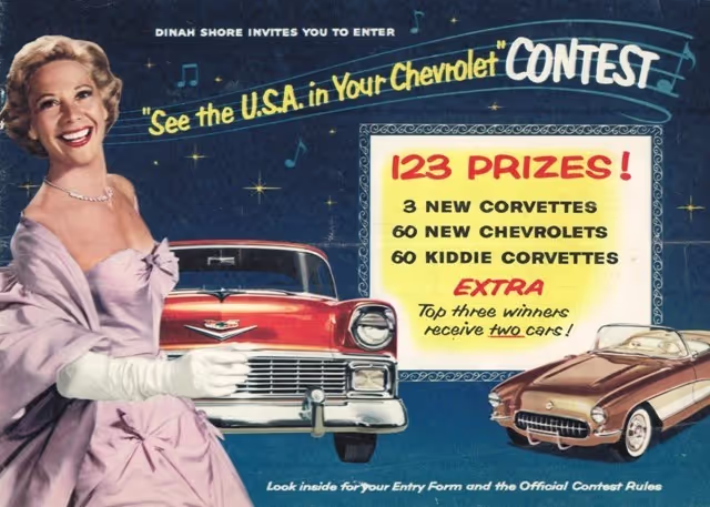 Dinah Shore See the USA in your Chevrolet A vintage advertisement featuring a smiling Dinah Shore in a glamorous lavender gown, standing next to a red 1950s Chevrolet car. The ad announces a 'See the U.S.A. in Your Chevrolet' contest with '123 Prizes!', including '3 New Corvettes, 60 New Chevrolets, 60 Kiddie Corvettes', and 'Top three winners receive two cars!'. A brown classic Corvette convertible is also shown on the right. The background is dark blue with musical notes and stars.