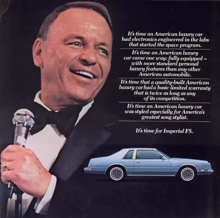 An advertisement featuring Frank Sinatra smiling and holding a microphone, dressed in a tuxedo, on the left. To his right, there's advertising text, and below the text, a light blue Imperial FS luxury car is shown in profile.