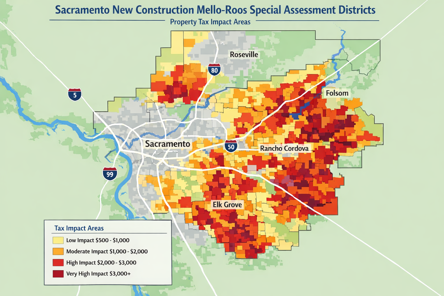 Sacramento Mello-Roos Special Assessment Districts Map Sacramento new construction mello-roos special assessment districts showing tax impact areas
