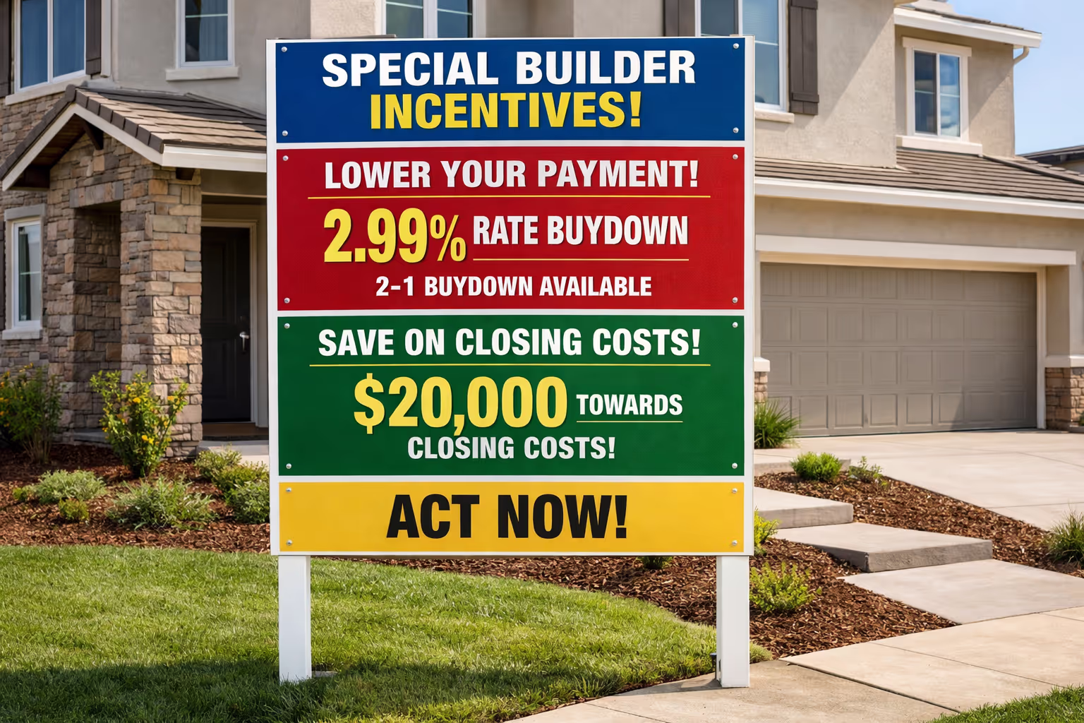 Sacramento new construction home with builder incentives sacramento signage showing rate buydowns and closing cost credits