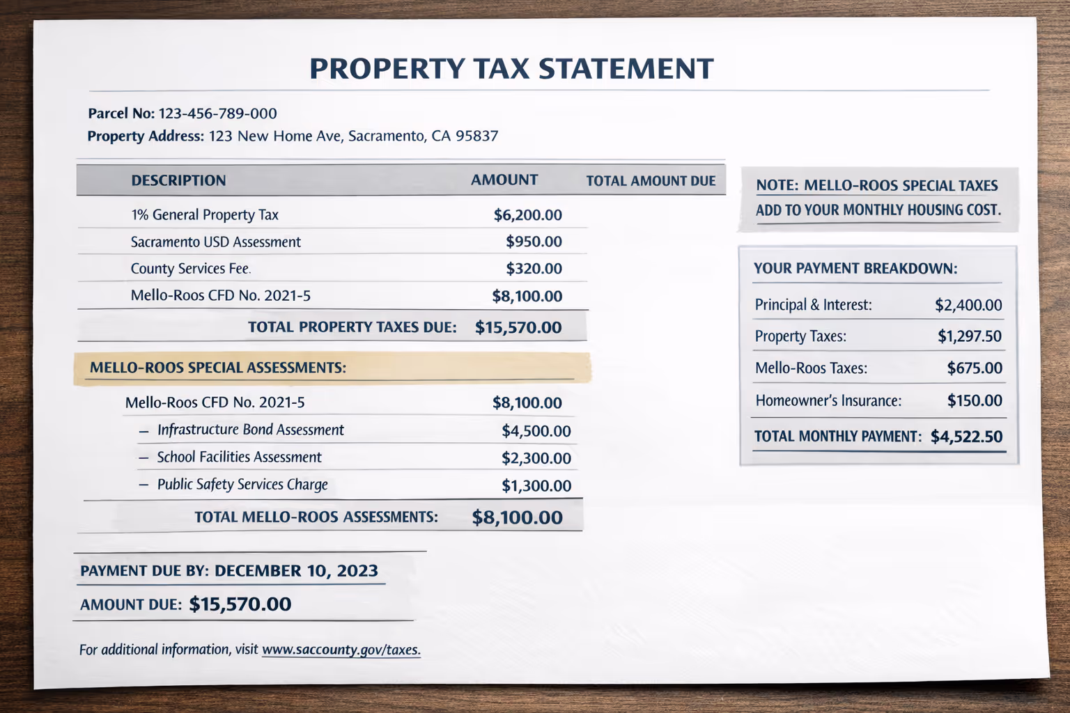Mello-Roos Tax Impact on Monthly Payment for Sacramento Area New Construction Property tax statement showing Mello-Roos special assessments that affect Sacramento builder incentive calculations