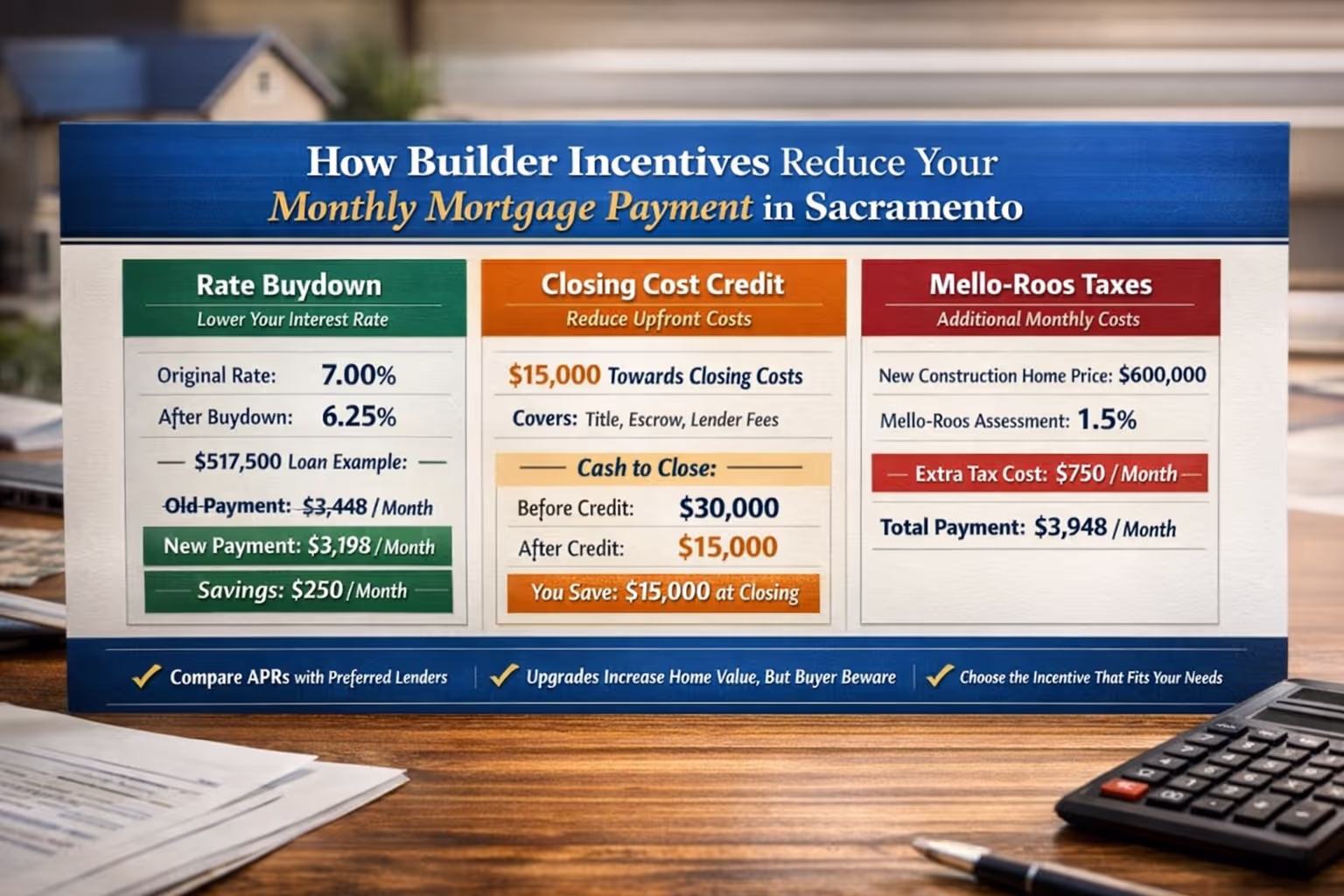 Rate Buydown Impact on Monthly Mortgage Payment for Sacramento Homebuyers Calculator showing how builder incentives and rate buydowns reduce monthly mortgage payments in Sacramento