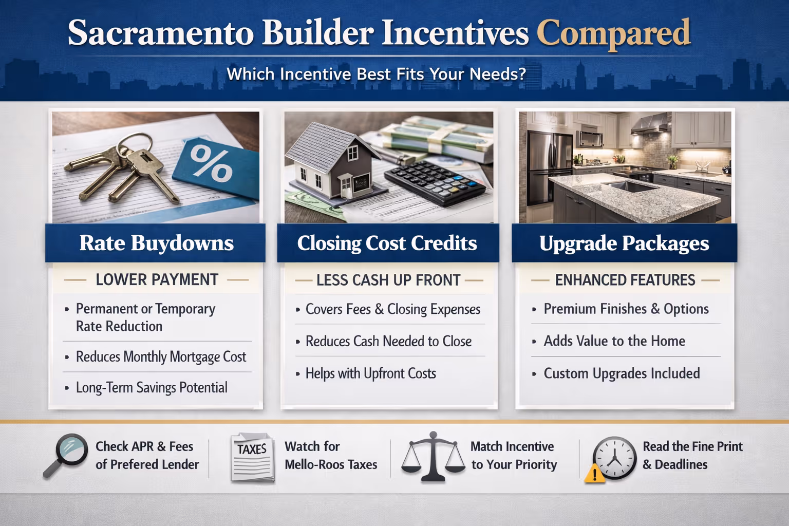 Sacramento Builder Incentives Comparison Chart Showing Rate Buydowns and Closing Credits Comparison chart of builder incentives in Sacramento including rate buydowns, closing cost credits, and upgrade packages