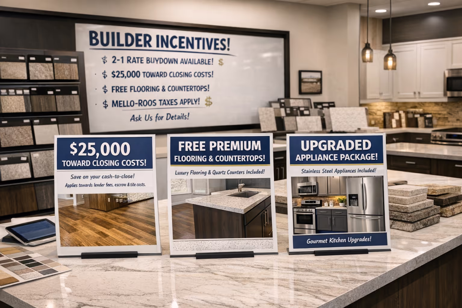 Sacramento New Construction Home Design Center with Builder Incentive Upgrade Options Design center showing builder incentives for upgrades including flooring, countertops, and appliances in Sacramento homes