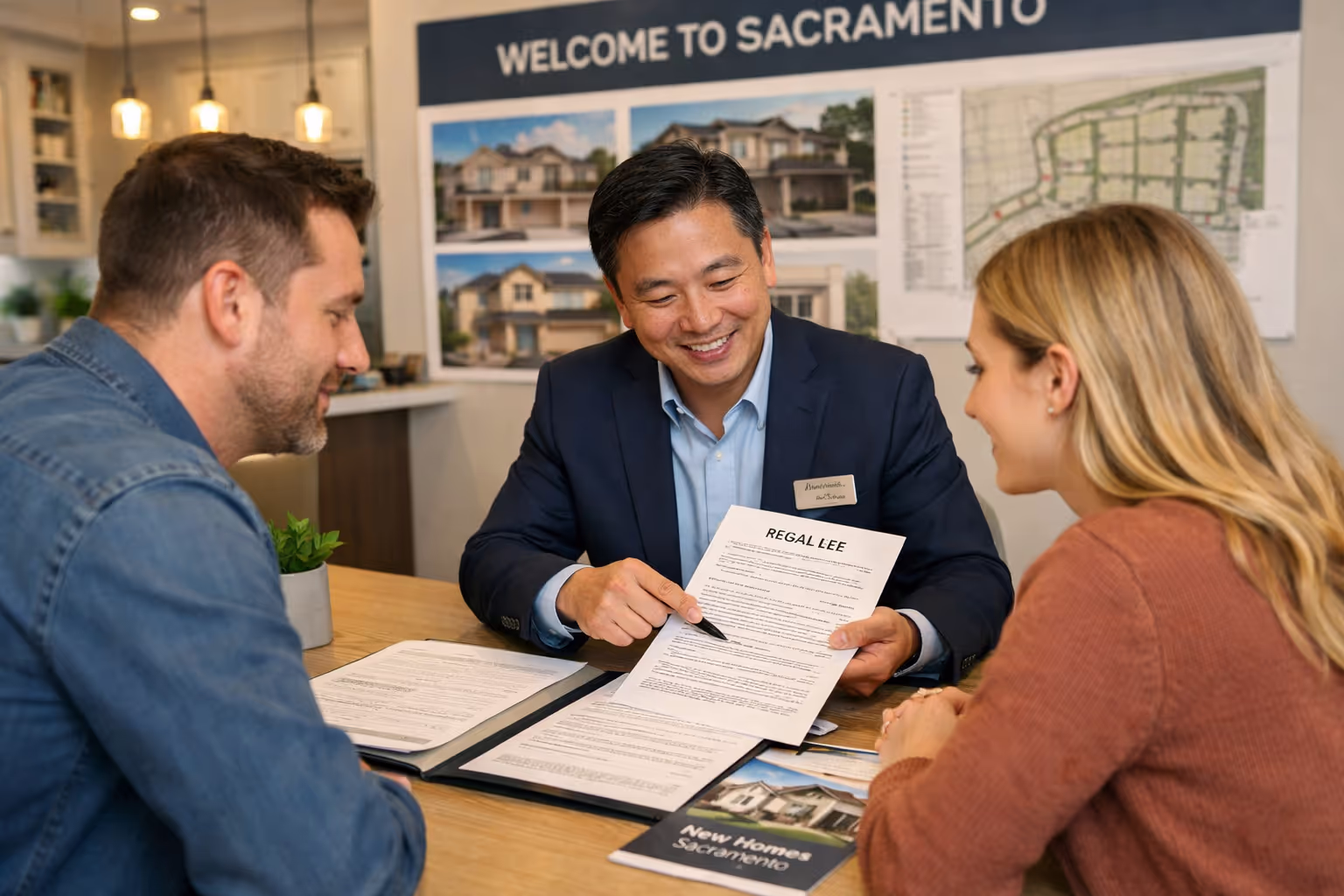Sacramento new construction buyer representation agent reviewing contract with clients at model home sales office