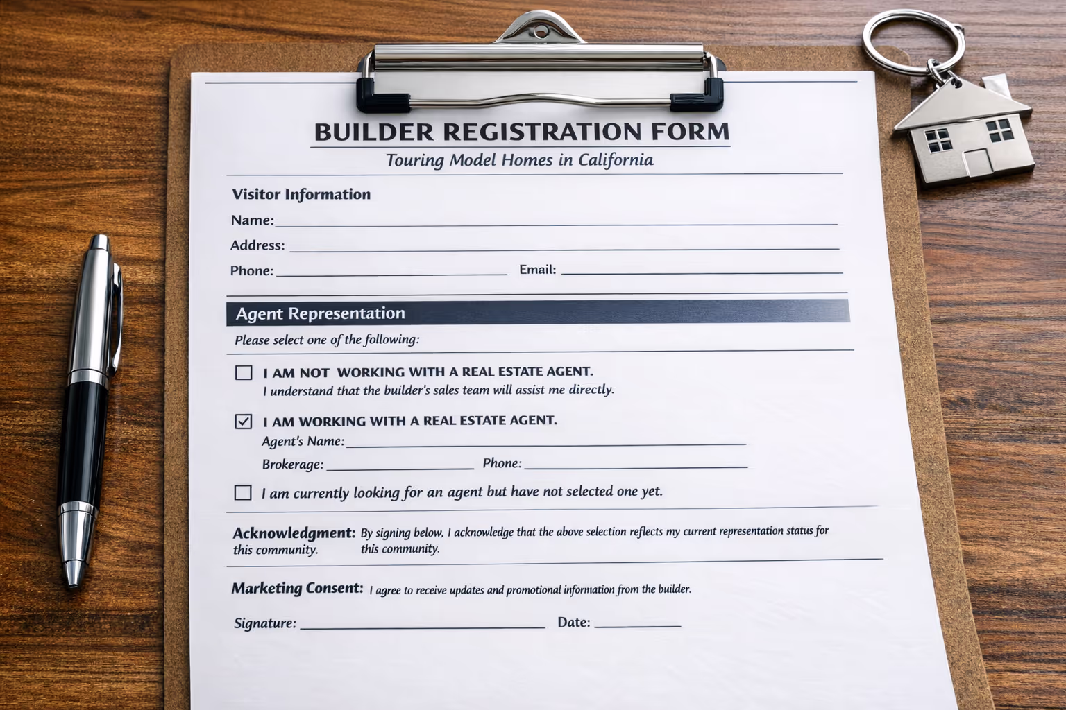 Builder Registration Form for Touring Model Homes in California Close-up of builder registration form with agent representation section when touring model homes in California