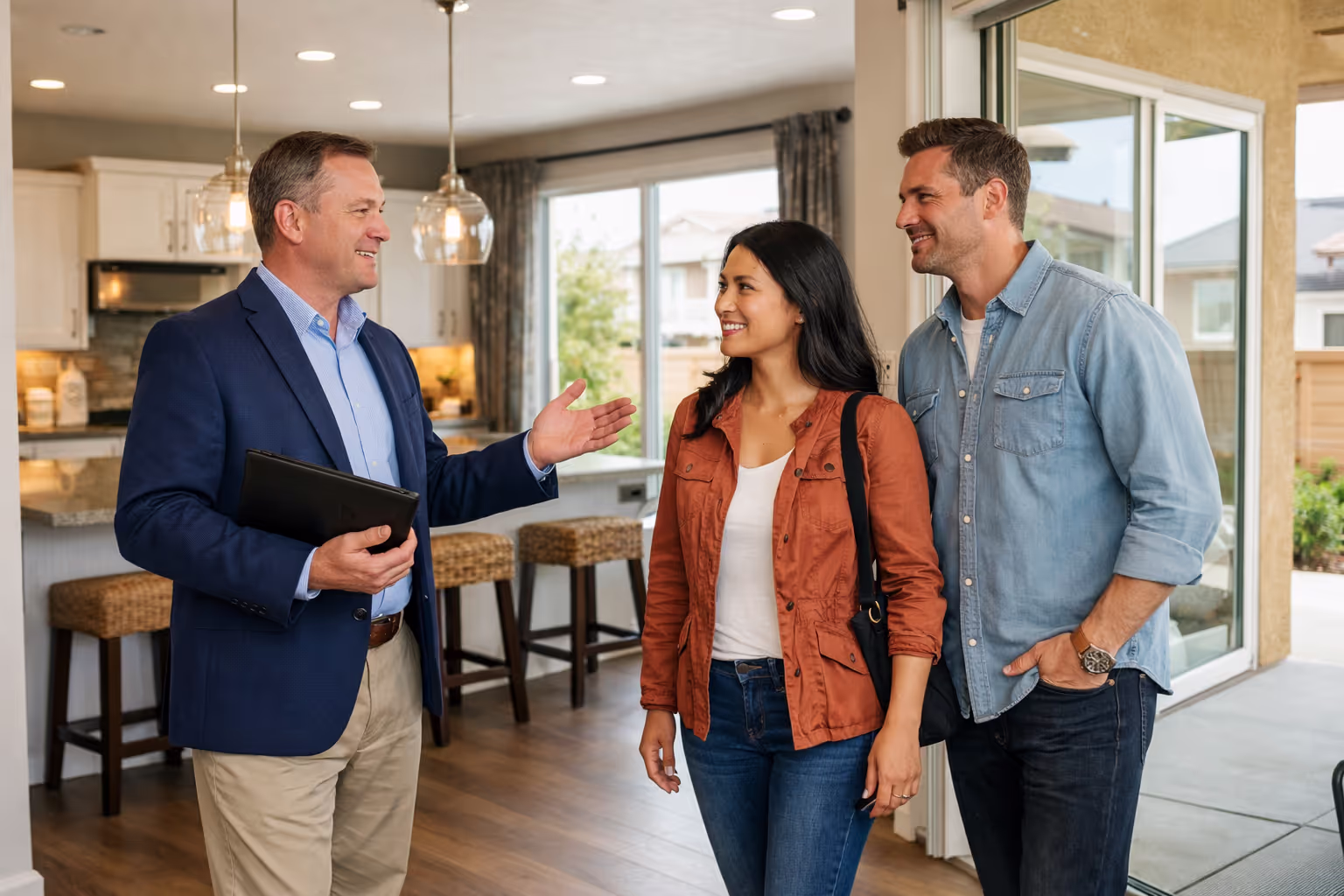 Buyer's Agent Accompanying Clients Touring Model Homes in Sacramento Buyer's agent with clients touring model homes in California new construction community