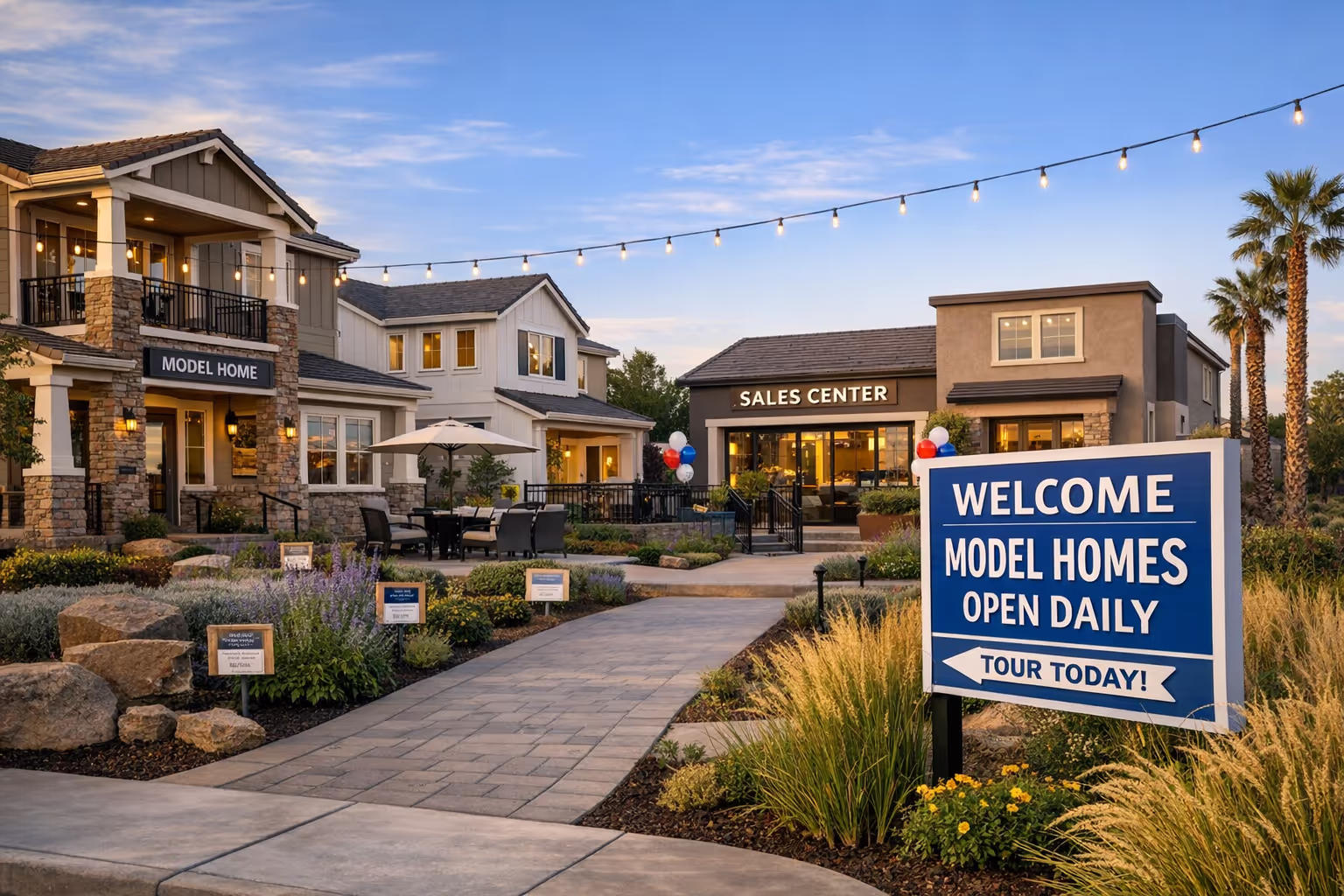California Model Home Community in Sacramento New Construction Development Exterior view of new construction model homes in California suburban development for touring