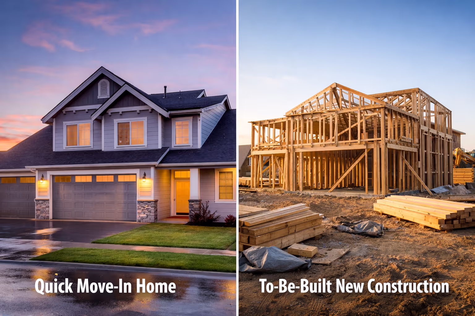 Quick move-in versus to-be-built new construction homes Sacramento comparison showing completed home and construction site
