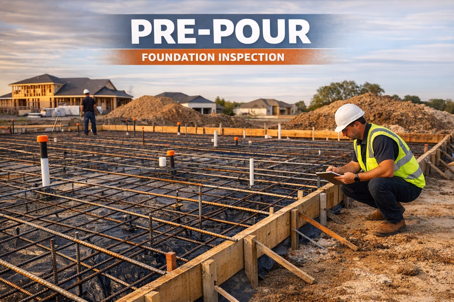 Foundation inspection examining rebar placement before concrete pour Pre-pour foundation inspection timeline phase with rebar and forms visible