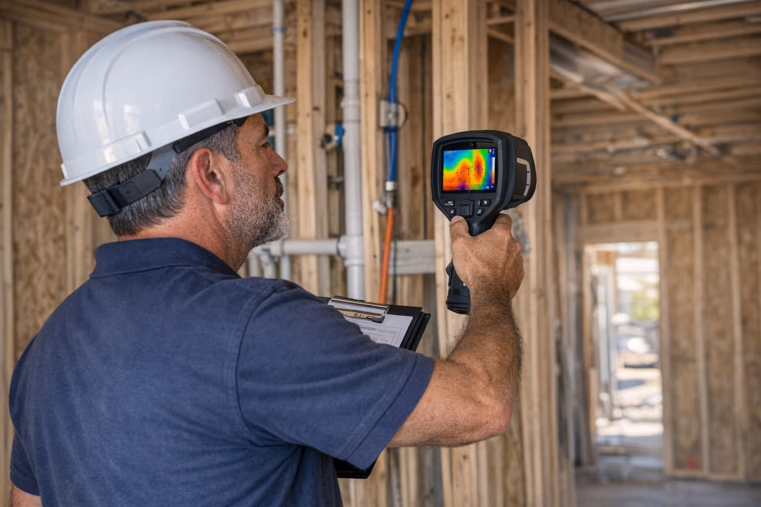 Home inspector using thermal imaging camera during new construction inspection Professional inspector using thermal imaging during new construction inspection timeline