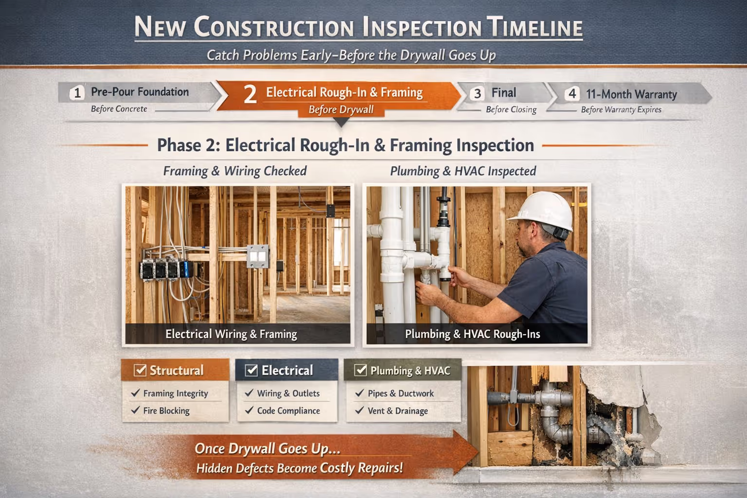 Pre-drywall electrical inspection showing exposed wiring and framing New construction inspection timeline showing electrical rough-in and framing before drywall
