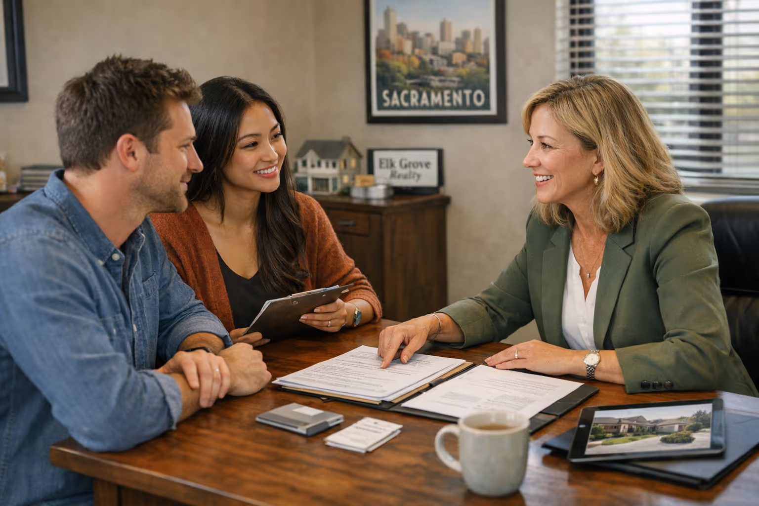 First-time homebuyer meeting with Sacramento realtor during initial consultation reviewing documents and discussing home purchase strategy