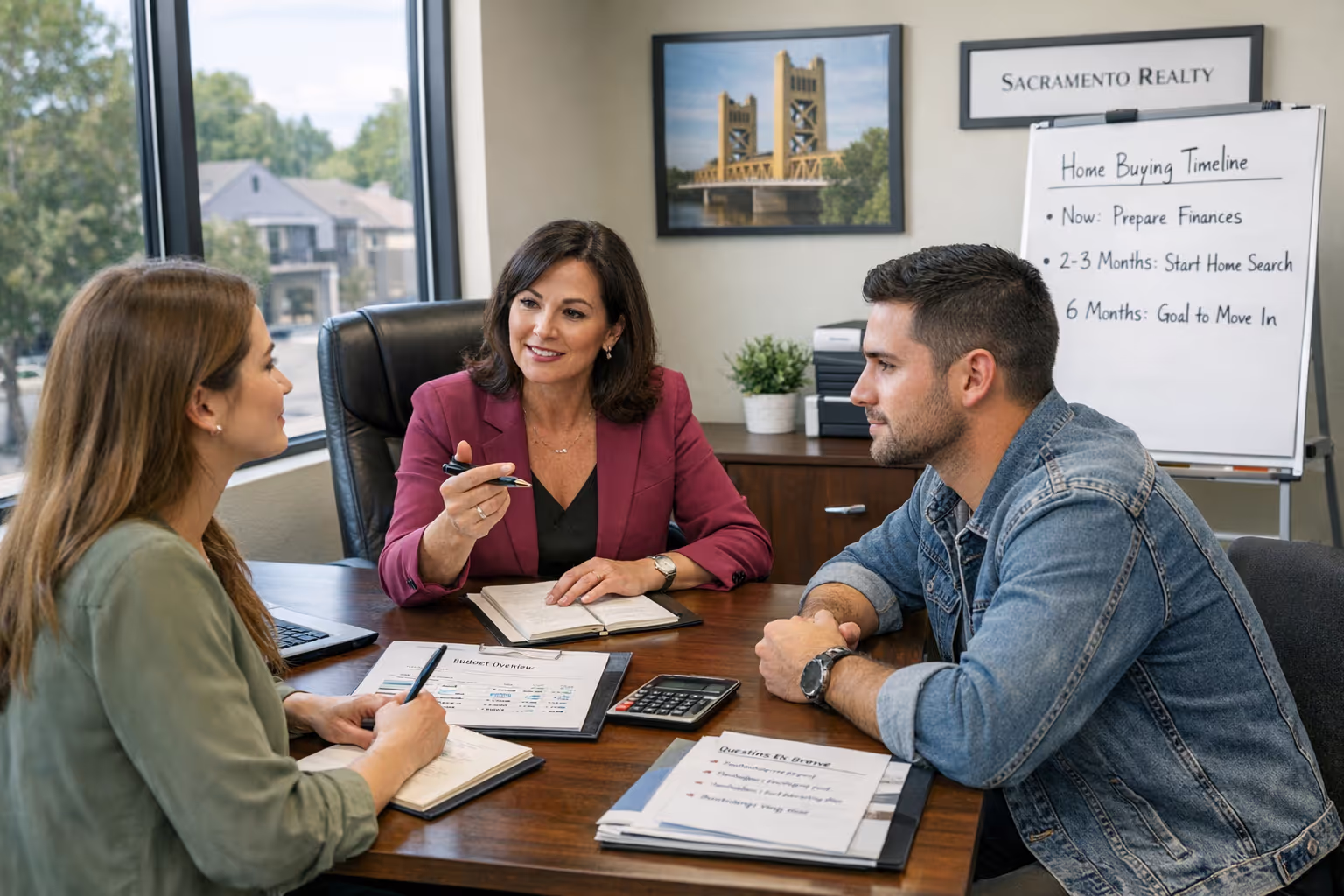 First-time homebuyer meeting with Sacramento realtor during consultation discussing budget and timeline