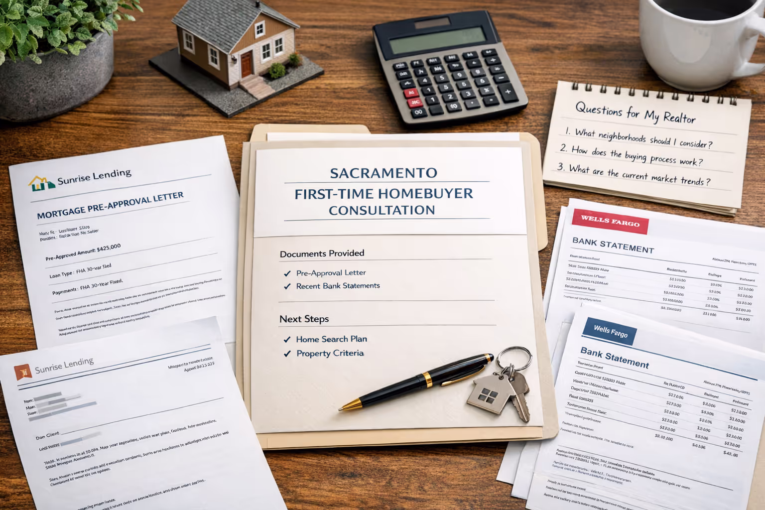 Sacramento first-time homebuyer realtor consultation documents including pre-approval letter and bank statements