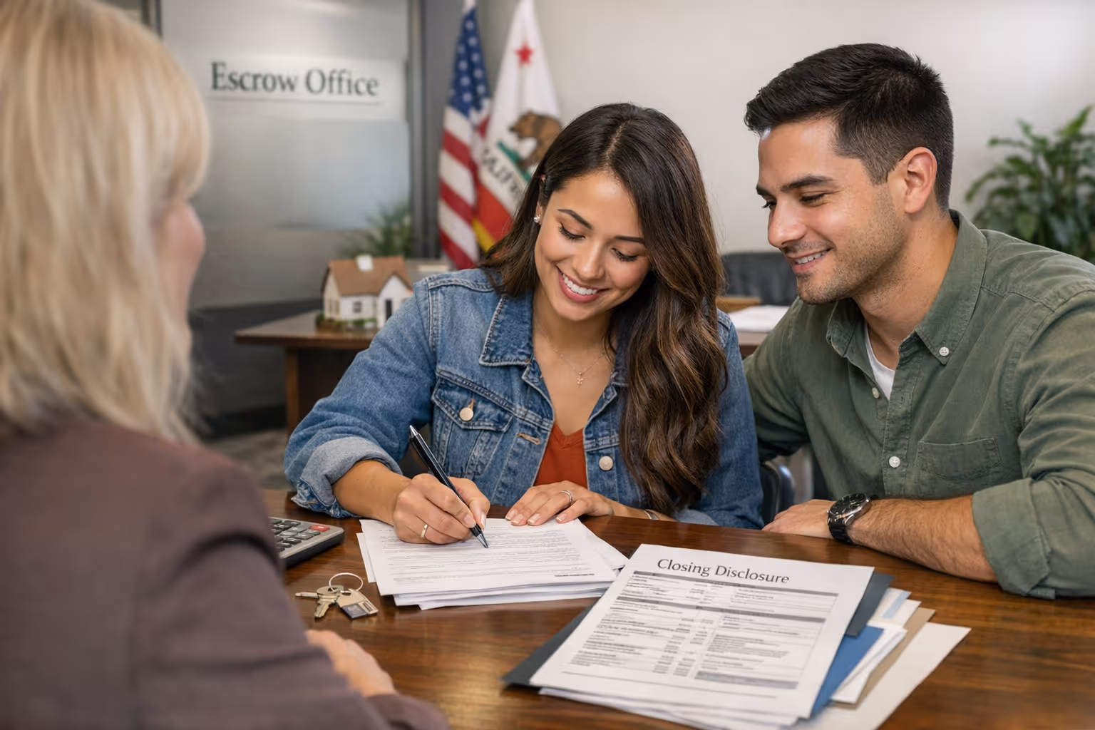 First-Time Homebuyer Sacramento Escrow Closing First-time homebuyer Sacramento signing closing documents at escrow office.