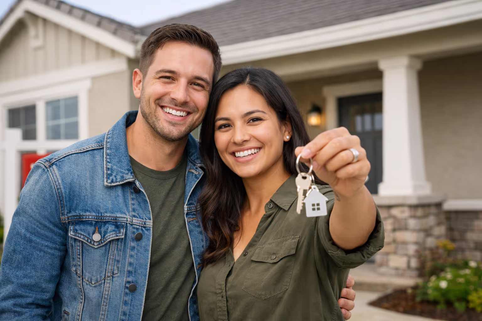 First-time homebuyer Sacramento couple holding keys in front of new house
