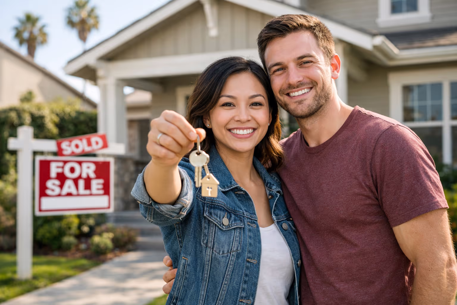 First-Time Homebuyer Sacramento Couple Receiving Keys Happy first-time homebuyer Sacramento couple holding house keys in front of their new home