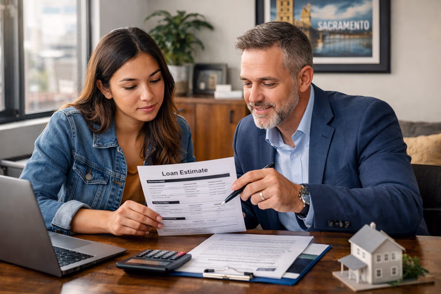 First-Time Homebuyer Sacramento Reviewing Loan Estimate First-time homebuyer Sacramento reviewing Loan Estimate mortgage document with lender