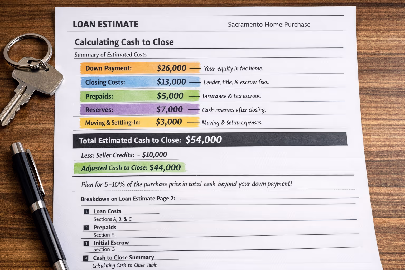 Loan Estimate Form Showing Cash to Close in Sacramento Loan Estimate document highlighting cash to close requirements for Sacramento home purchase