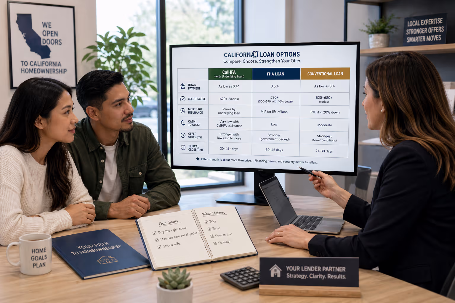 nia Home Buyer Reviewing Financing Strategy Options California home buyer consulting with lender about CalHFA vs FHA vs conventional loan options for offer strength