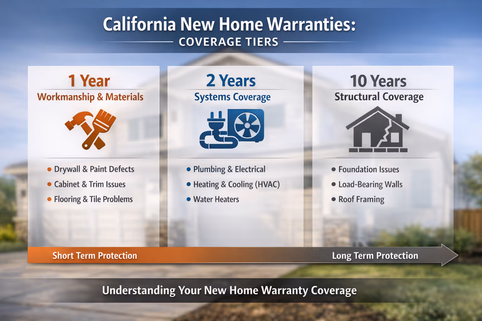 California New Home Warranty Three-Tier Coverage Structure California new home warranties showing workmanship, systems, and structural coverage tiers