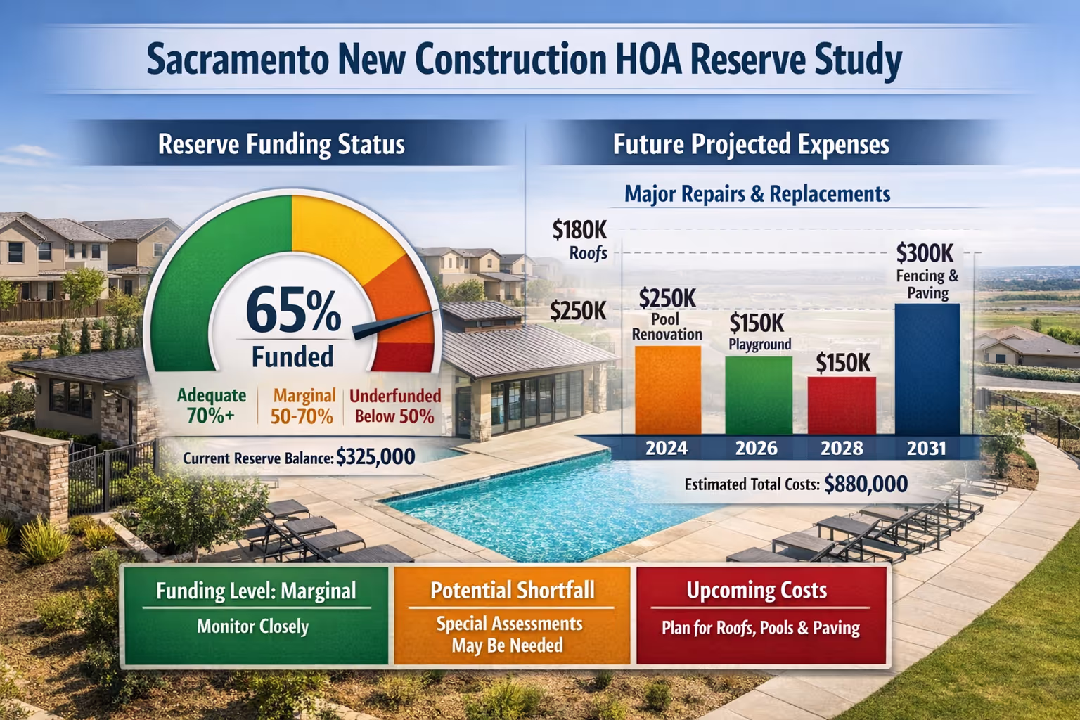 HOA Reserve Study Funding Percentage for Sacramento New Construction HOA new construction Sacramento reserve study showing funding percentage and future expense projections