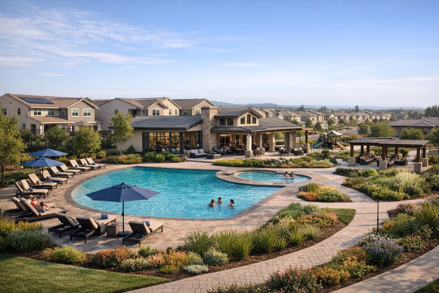 Sacramento New Construction HOA Community Amenities and Pool HOA new construction Sacramento master-planned community with pool, clubhouse, and landscaped common areas