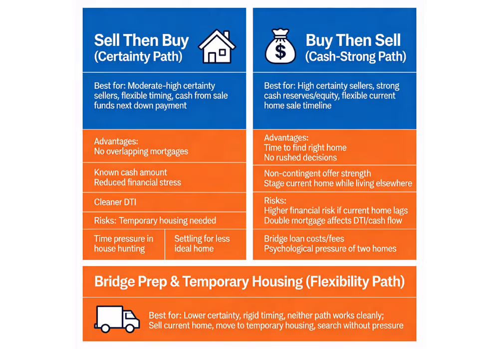 Sacramento Sell Then Buy vs Buy Then Sell Strategy Comparison Chart Comparison chart showing sell then buy vs buy then sell Sacramento strategy advantages and risks