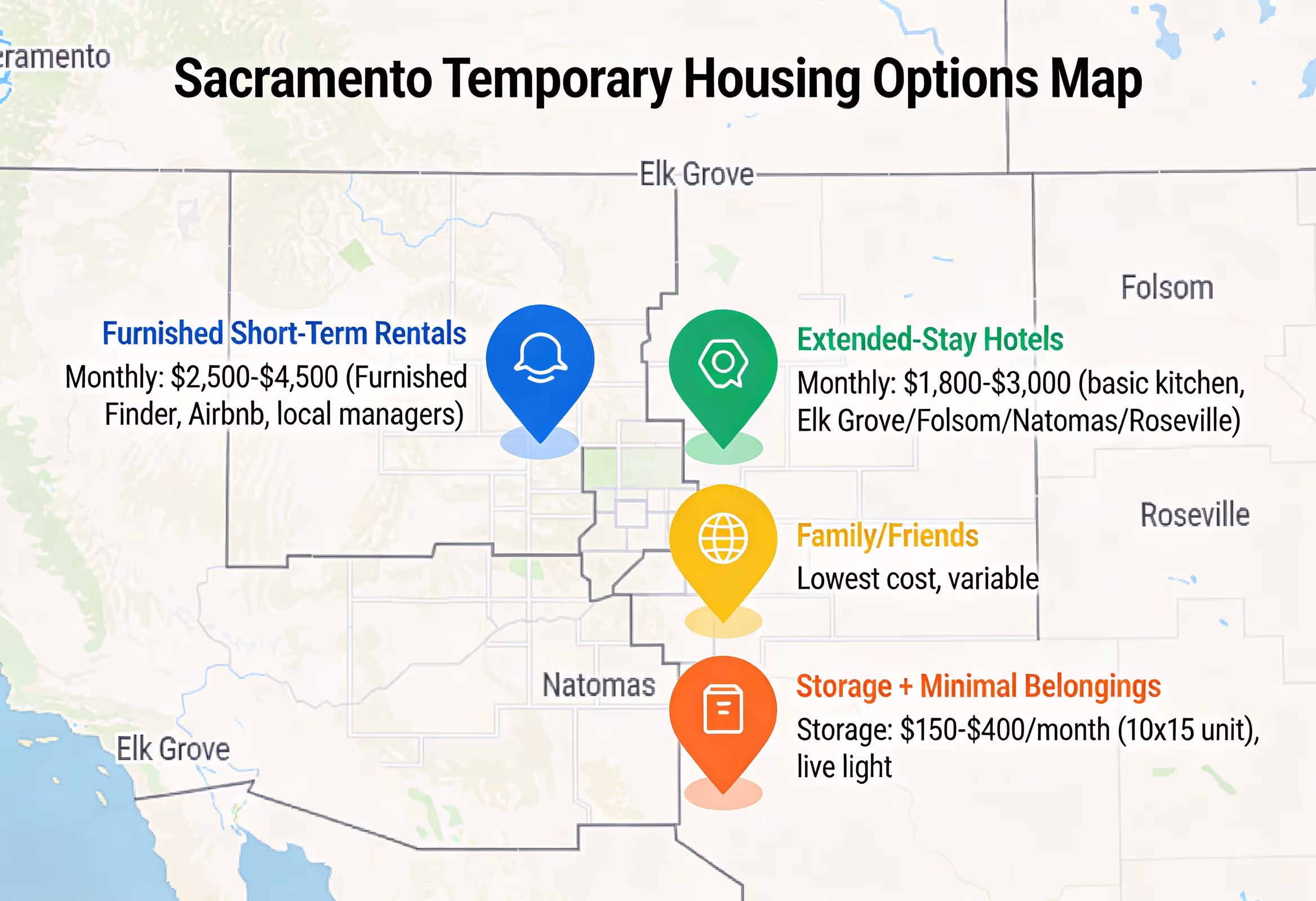 Sacramento Area Temporary Housing Options for Home Buyers Map of Sacramento temporary housing options including Elk Grove, Folsom, and Natomas