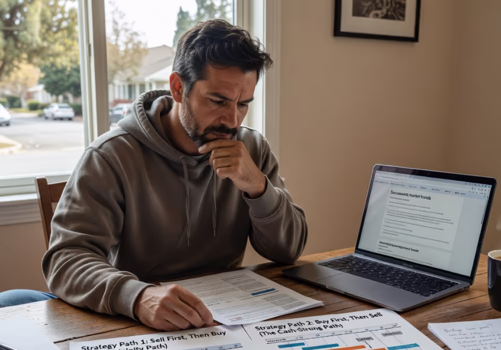 Sacramento homeowner reviewing sell then buy vs buy then sell Sacramento strategy options with timeline and decision framework