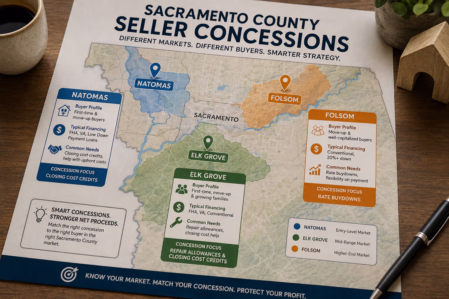 Sacramento County Submarket Concession Strategy Map Seller concessions Sacramento County map showing Elk Grove Folsom Natomas buyer profiles