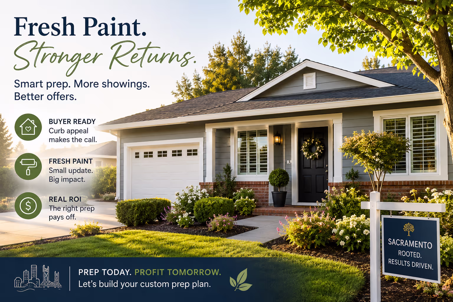 home prep roi sacramento exterior showing well-maintained curb appeal with fresh paint demonstrating home prep roi for sellers