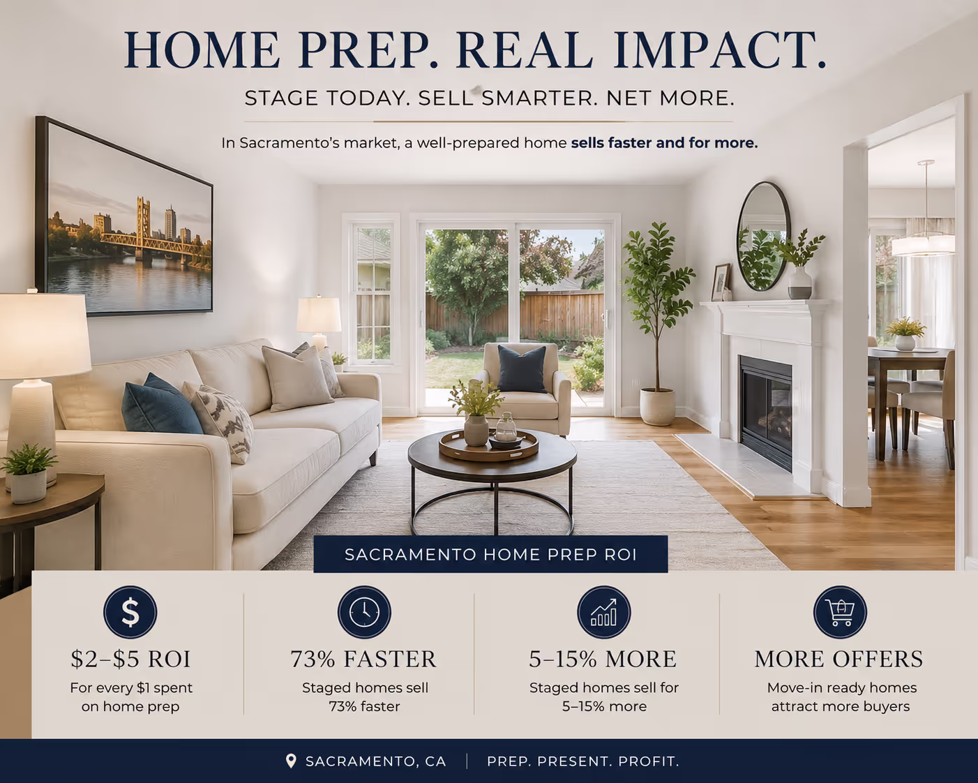 Home Prep ROI Staging Example in Sacramento Living Room Staged living room showing home prep roi benefits with neutral furniture and decluttered space in Sacramento home