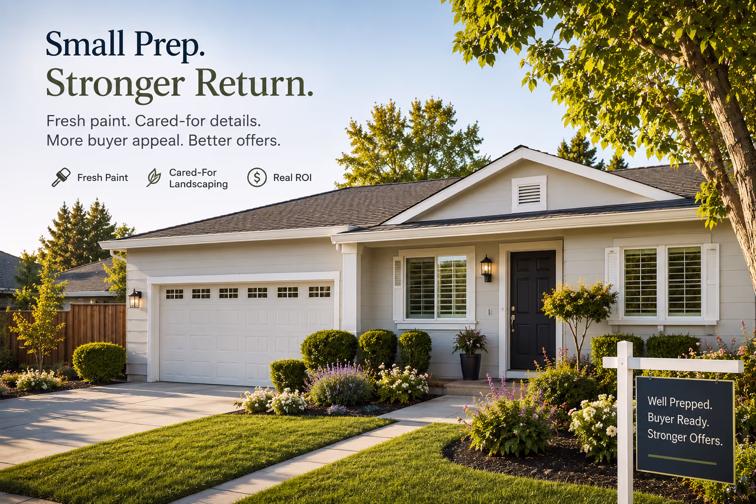 Sacramento Home Prep ROI Exterior Showing Fresh Paint and Curb Appeal Sacramento home exterior demonstrating home prep roi with fresh neutral paint and well-maintained landscaping