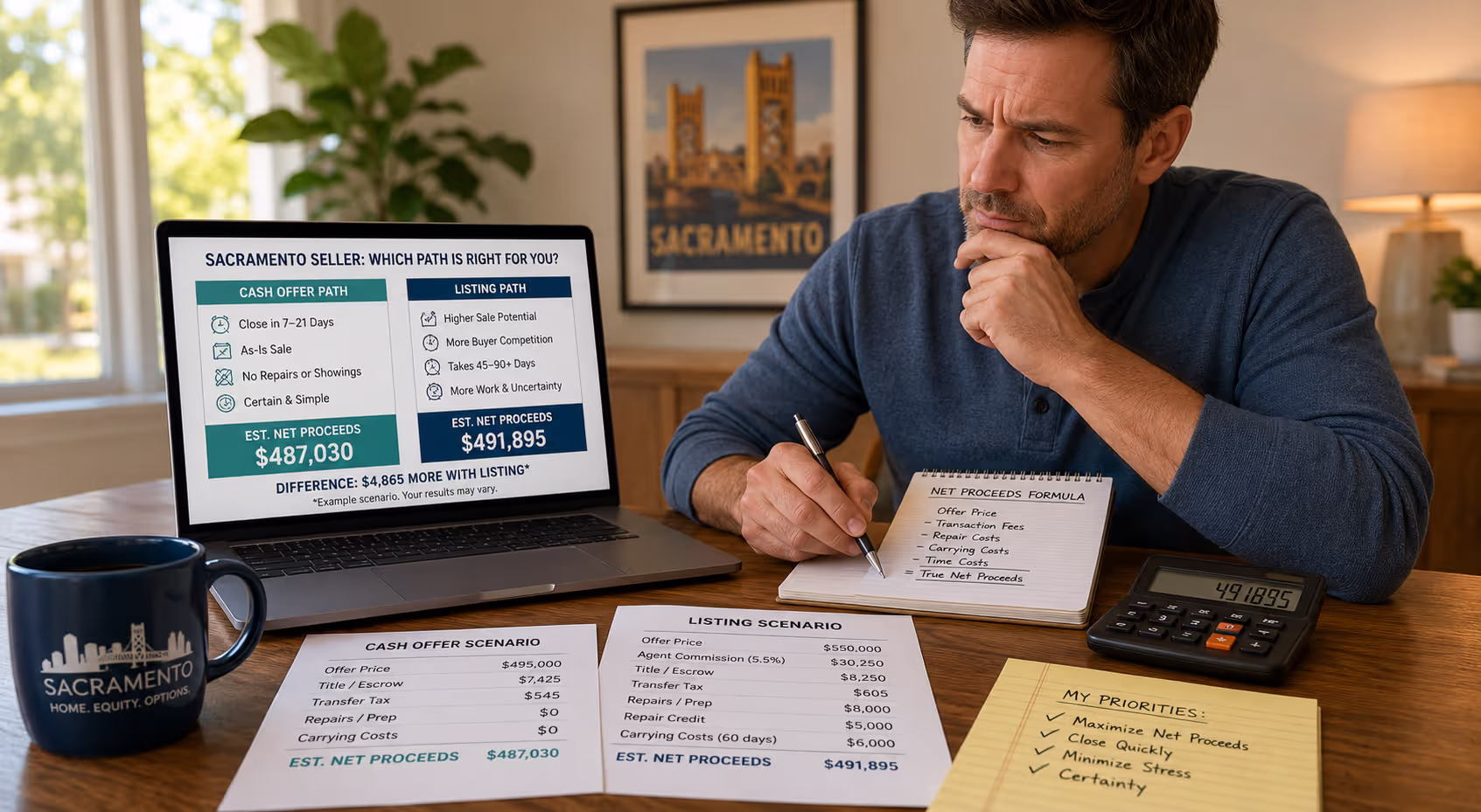Homeowner comparing cash offer vs listing sacramento options with calculator and financial documents