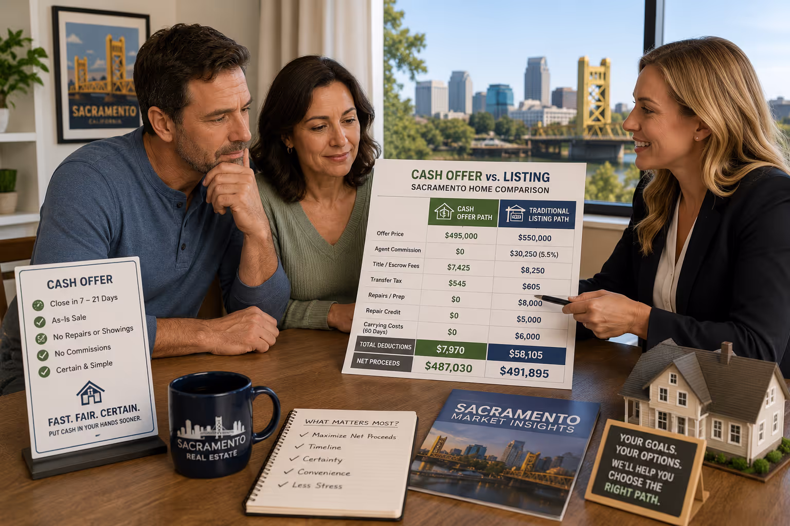 Sacramento Homeowner Comparing Multiple Cash Offers and Listing Options Sacramento home seller reviewing cash offer vs listing proposals with real estate professional