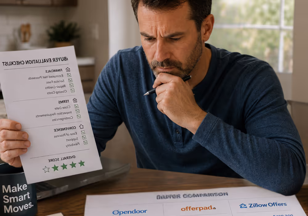 Homeowner Using Checklist to Evaluate iBuyers Contract Person reviewing evaluate ibuyers contracts checklist with calculator and home purchase agreement
