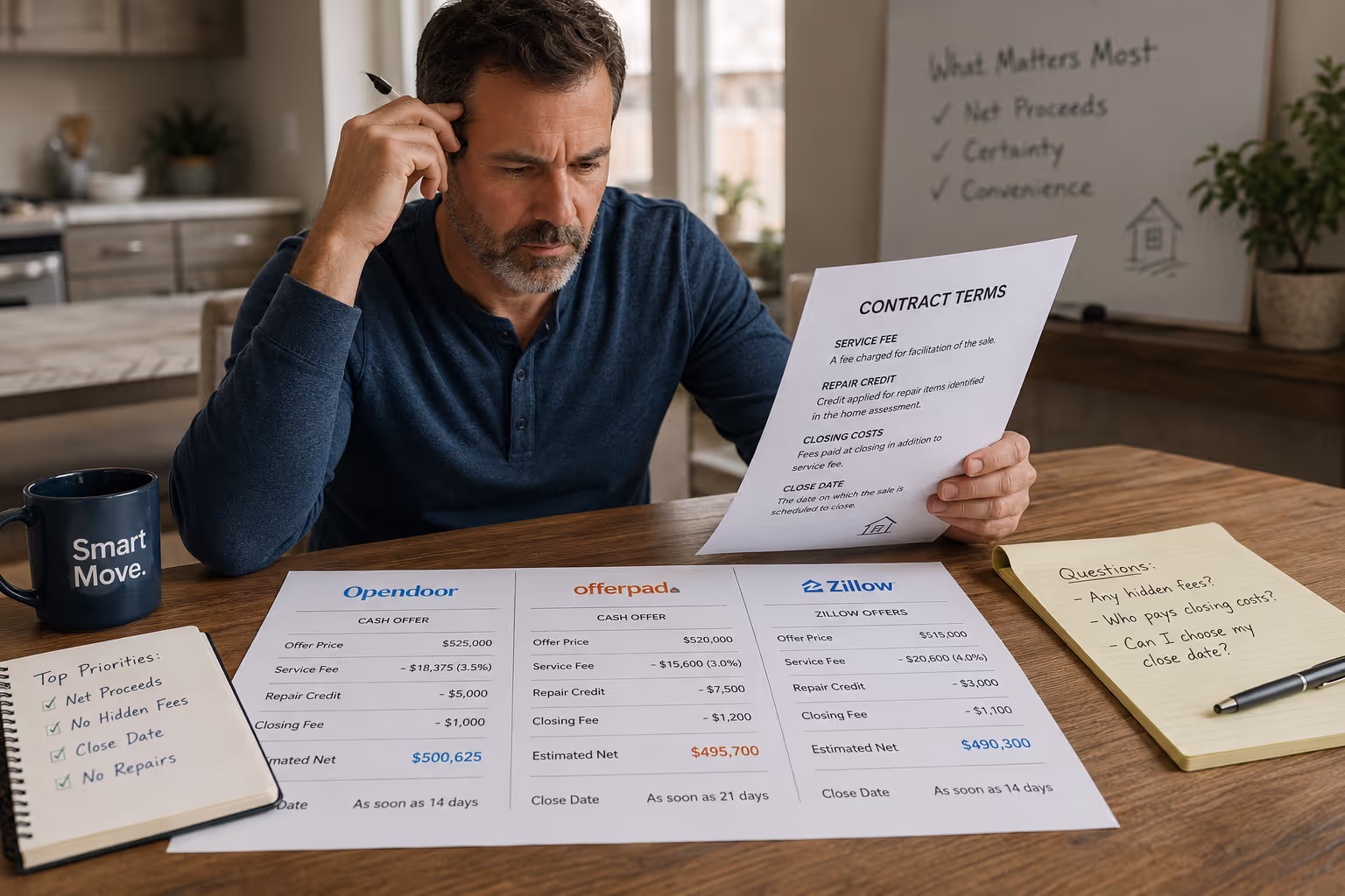 Homeowner evaluate iBuyers contracts and reviewing with fee structures and repair credits on documents