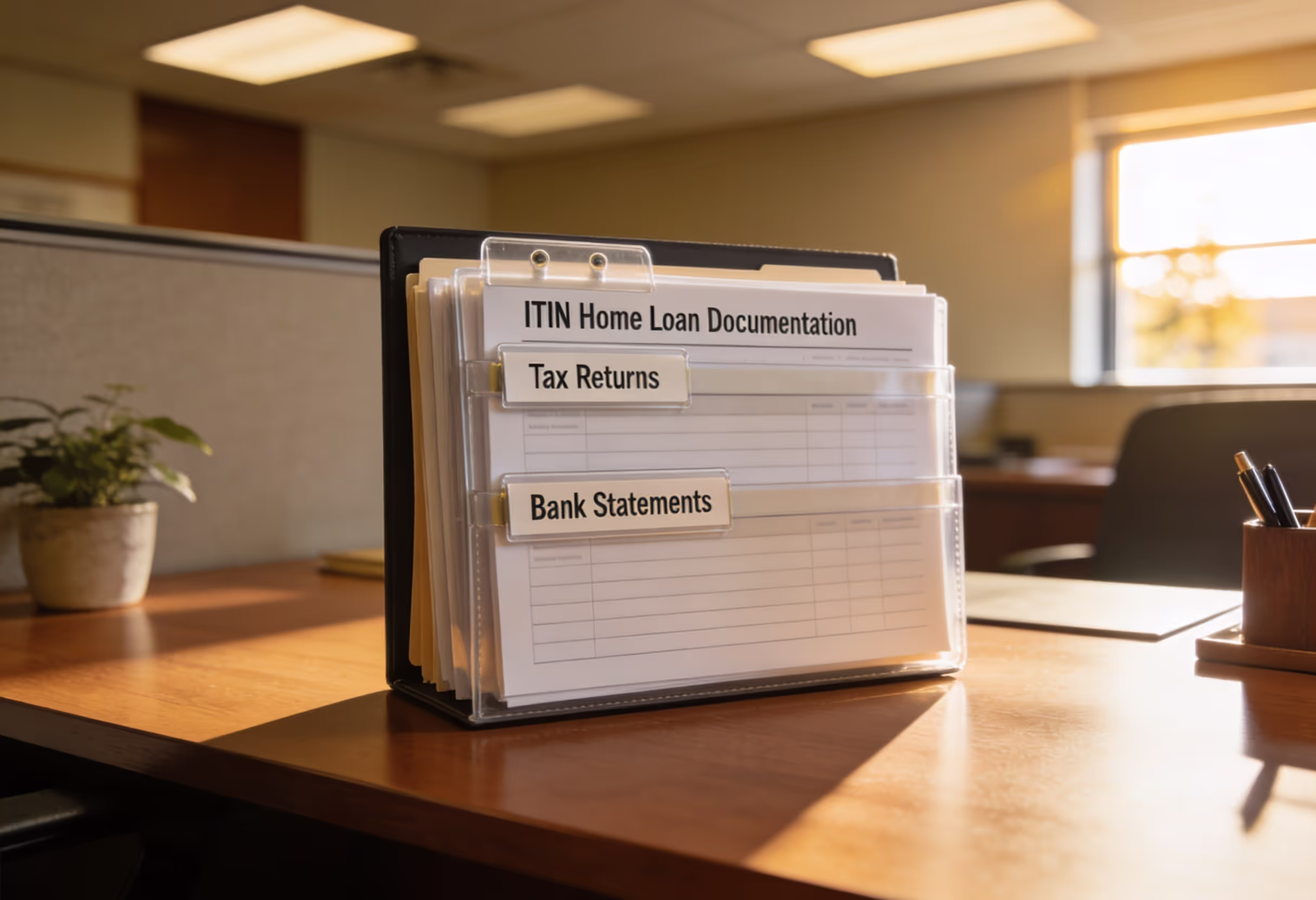 California ITIN Home Loan Requirements Documentation Checklist Organized ITIN home loan documentation including tax returns and bank statements for California mortgage application