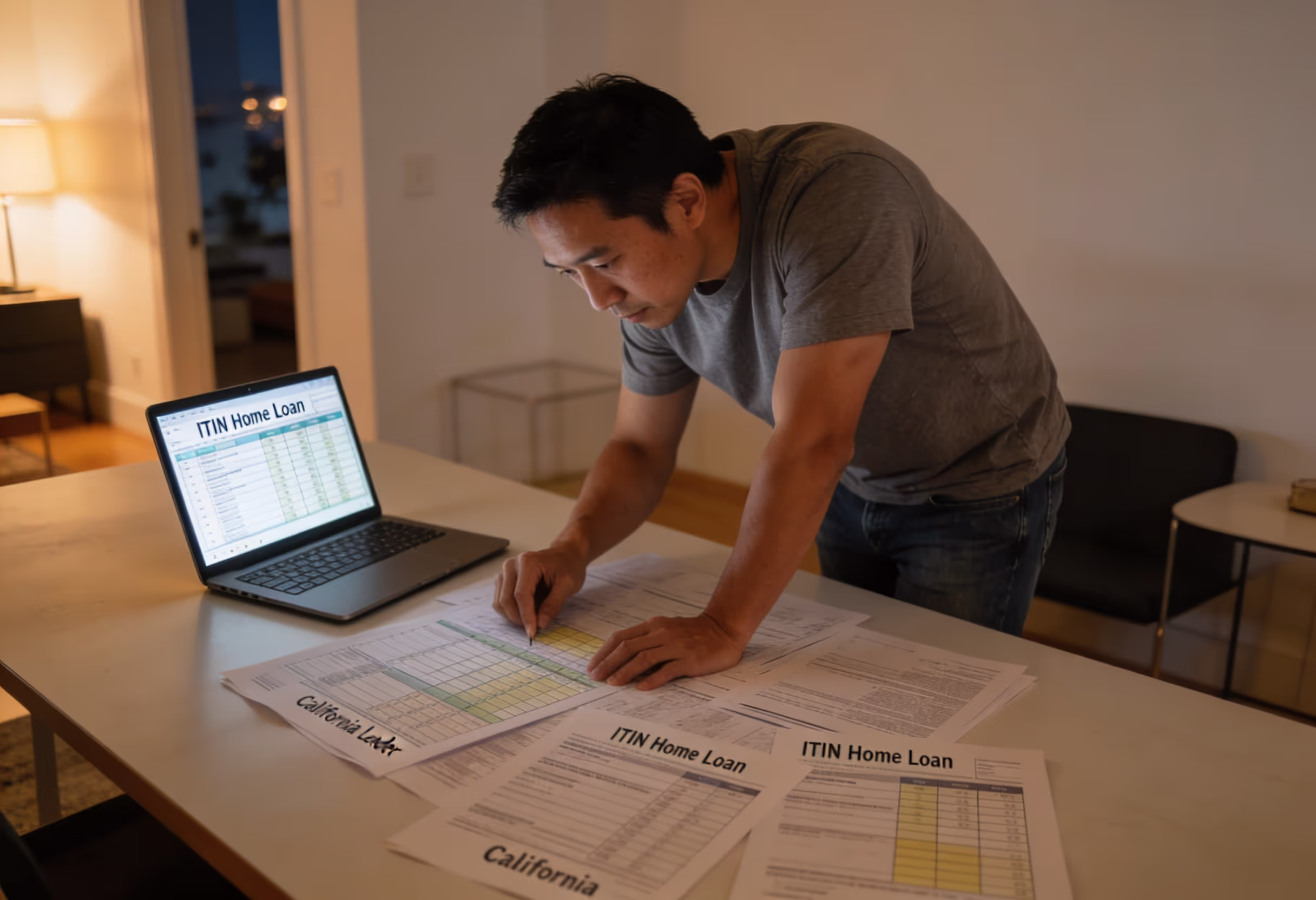 ITIN Loan Offer Comparison Spreadsheet for California Homebuyers Homebuyer comparing ITIN home loan offers from multiple California lenders using detailed spreadsheet