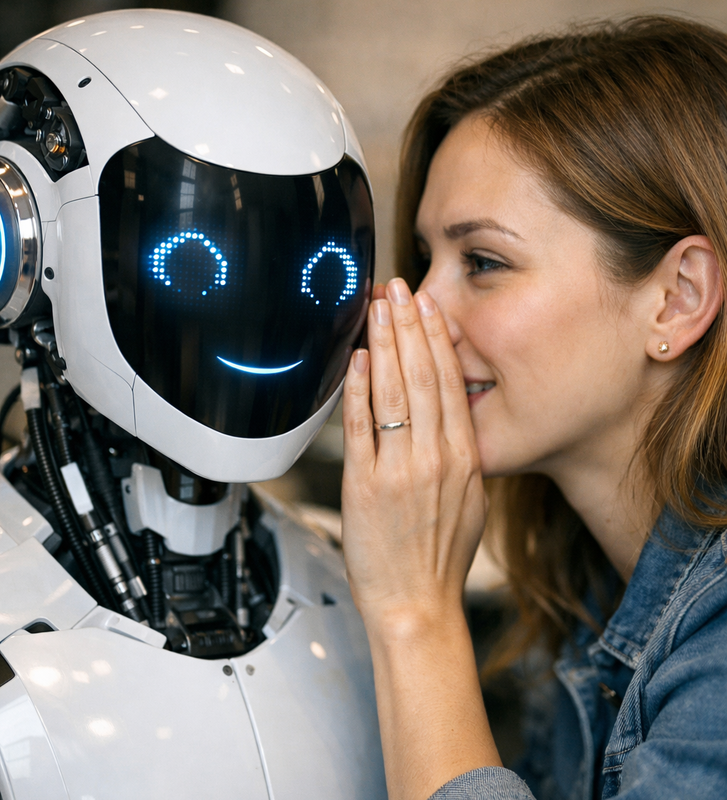 woman telling a secret to a robot