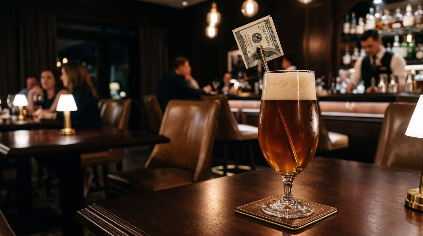 a glass of beer with a dollar bill garnish