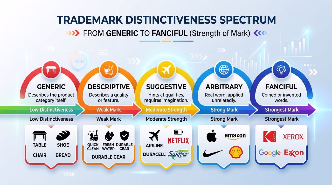 brand name distinctiveness spectrum from generic to fanciful with brand examples