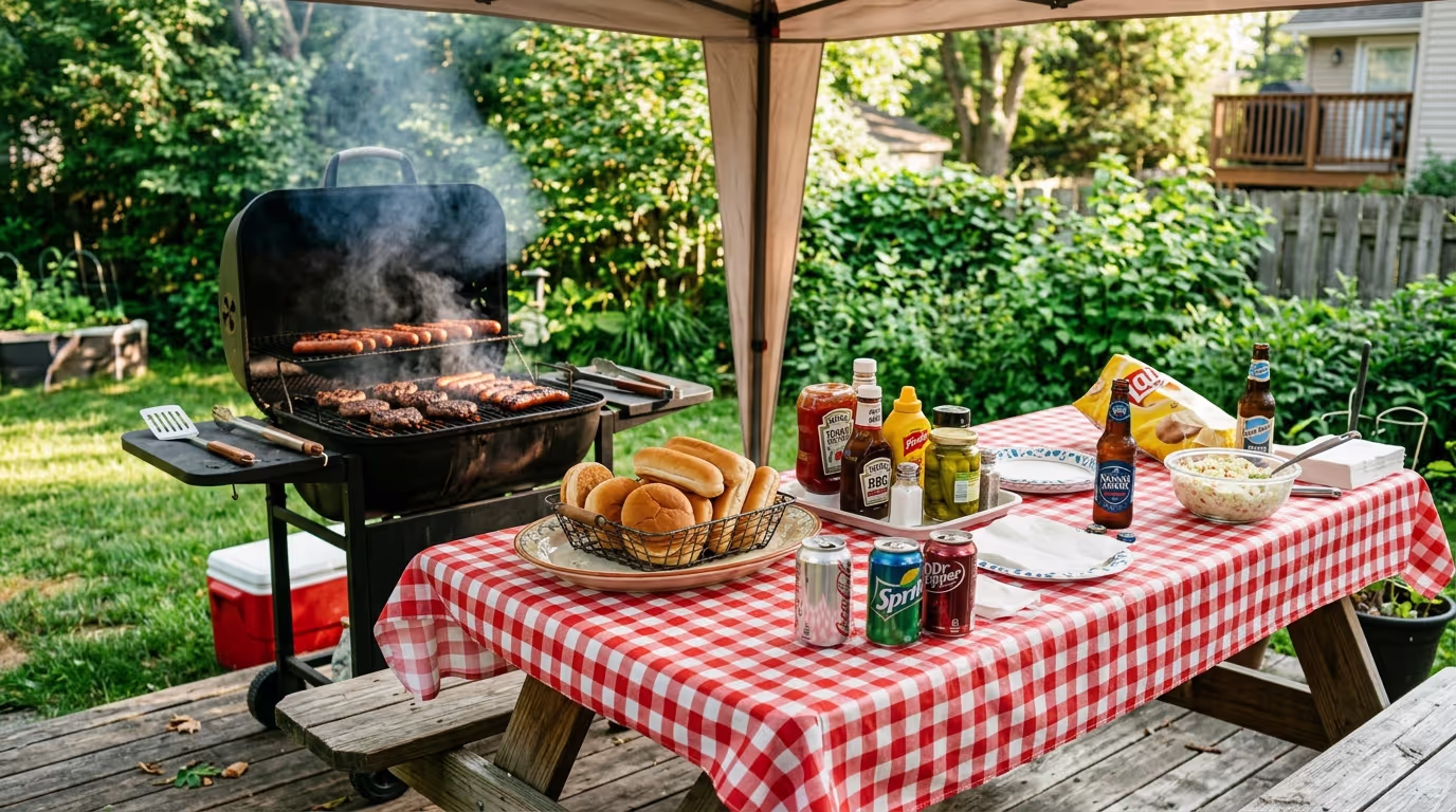 a cookout with hamburgers and hot dogs and other picnic foods on a table