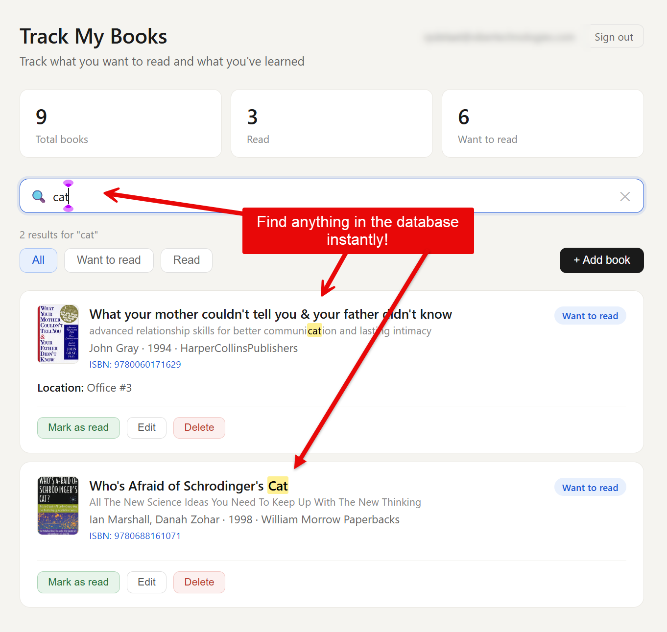 Library view with full-text search
