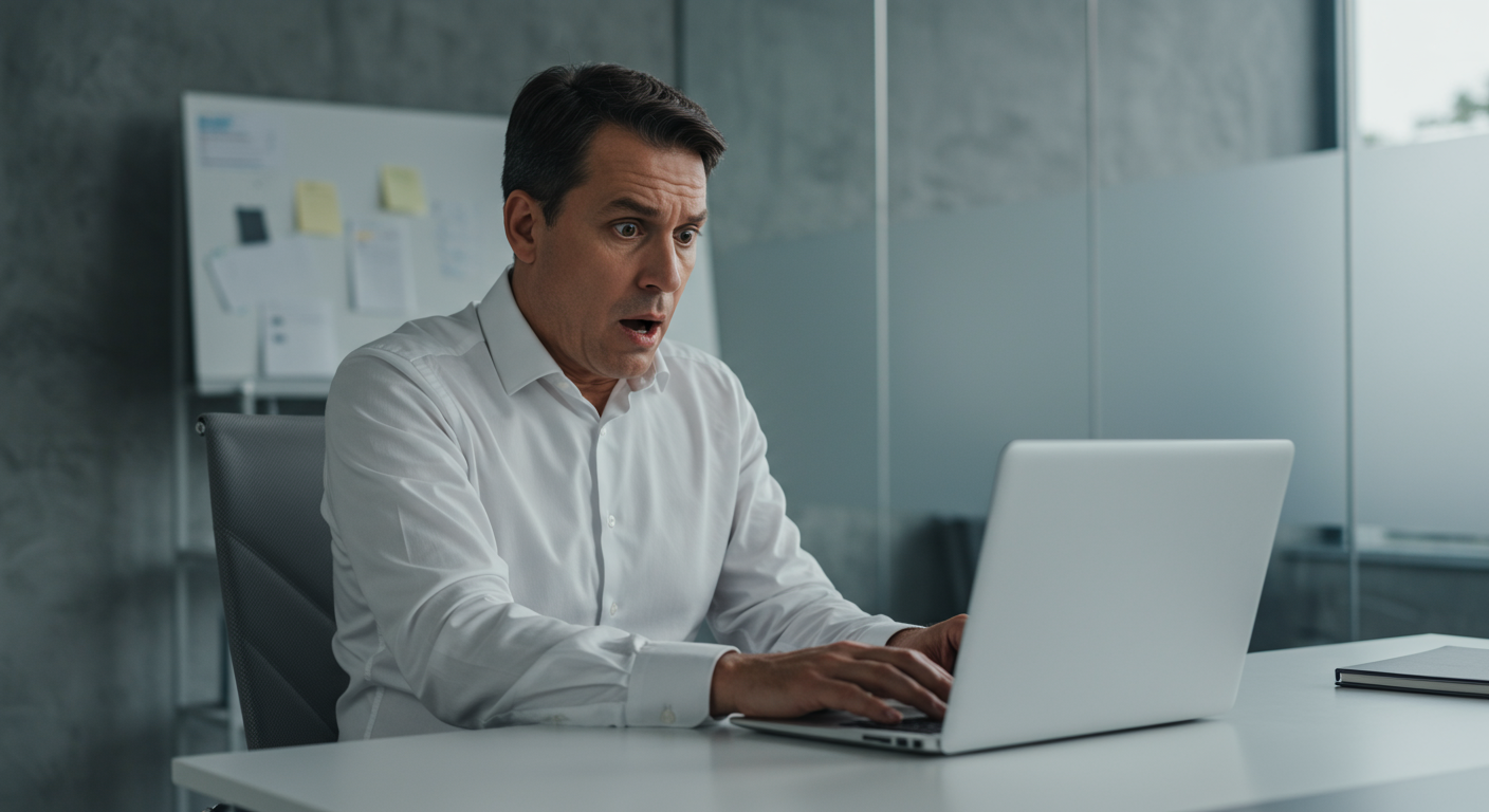 Save Your Amazon Business — Schedule a PPC Audit Today A businessman looks shocked while looking at his laptop when he realizes he made Amazon PPC mistakes.