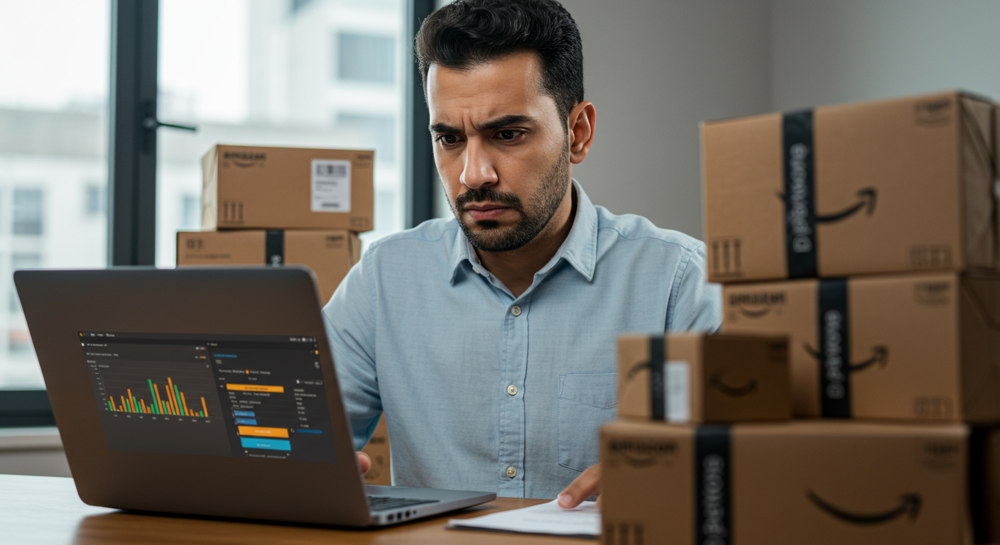 Confused Amazon Seller Reviewing Profits and Considering a PPC Agency An Amazon seller looks confused while reviewing profit and expense reports, realizing the need to hire an experienced Amazon PPC agency to manage ads effectively.