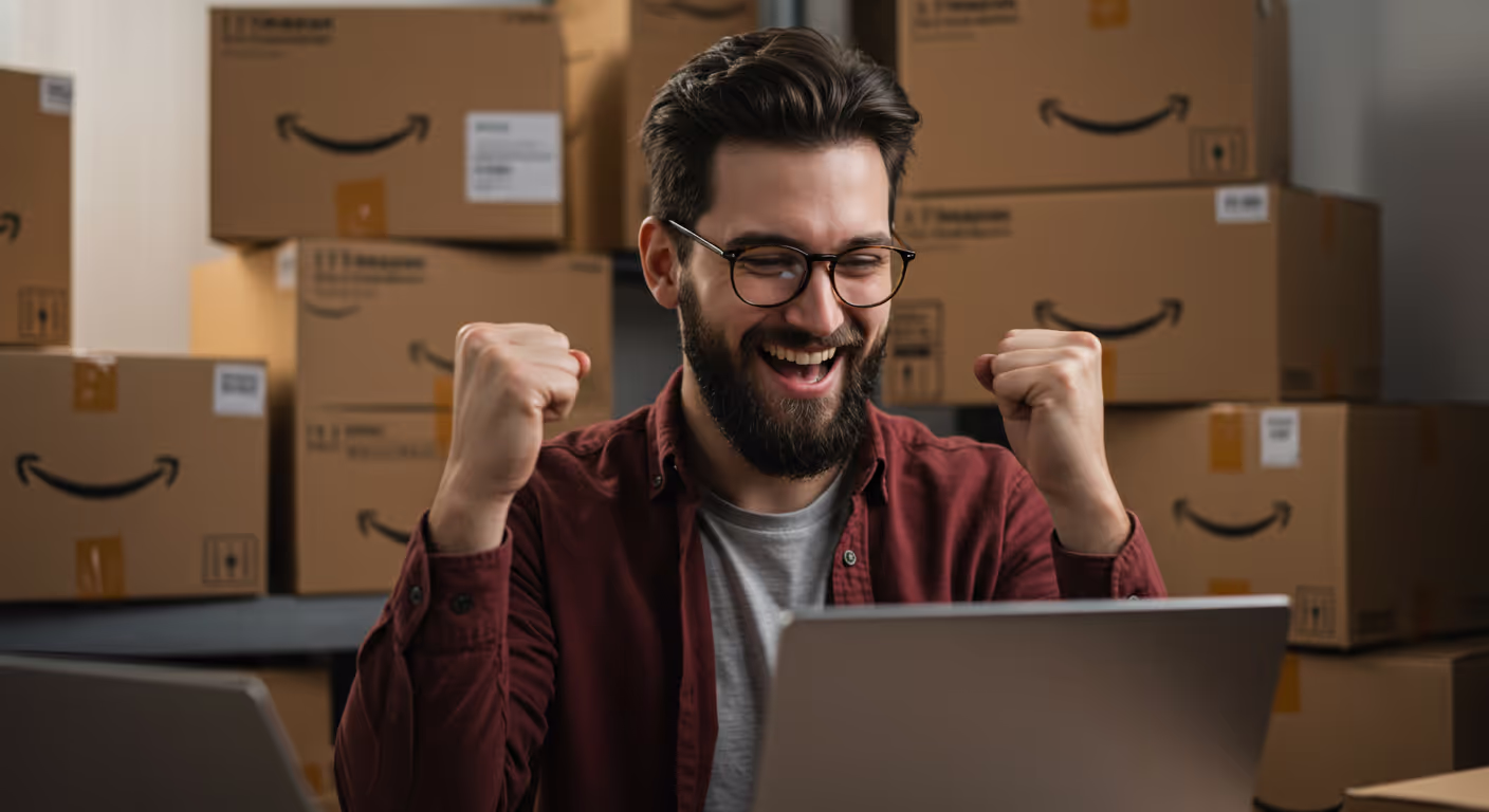 Less Stress, More Sales with Amazon PPC Management Services A happy Amazon seller enjoying less stress and more sales after partnering with professional Amazon PPC management services.