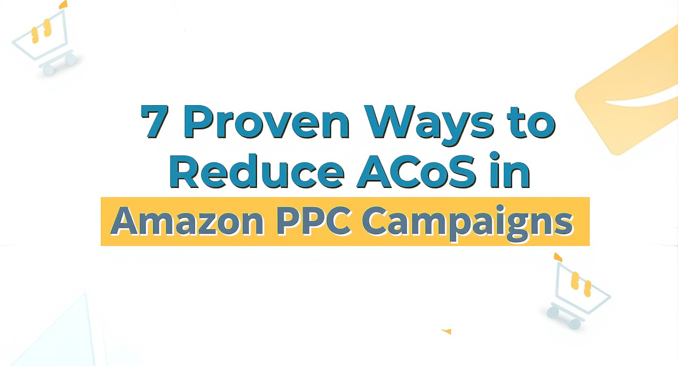 Graphical concept showing 7 proven ways for how to reduce ACoS Amazon ads in Amazon PPC campaigns.